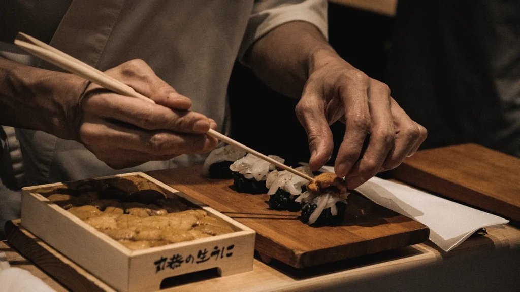 Close-up shot of a Japanese sushi chef using delicate wooden chopsticks to place fresh sea urchin (uni) onto a sushi piece, beside a wooden box of premium Hokkaido uni.