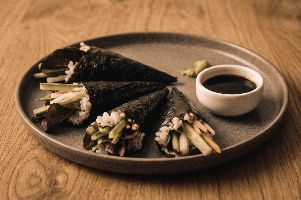 Fresh temaki sushi hand rolls served on a ceramic plate with soy sauce and wasabi, photographed at a 45-degree overhead angle, showcasing crisp nori, sushi rice, and fresh vegetable fillings in traditional Japanese hand roll style.