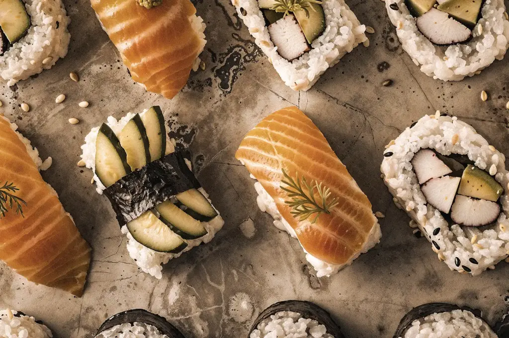 Overhead flat lay of assorted sushi rolls, salmon nigiri, cucumber sushi, and sesame-topped maki on a textured stone surface, showcasing popular types of sushi.