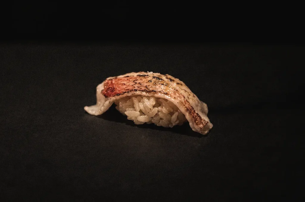 Single piece of aburi nigiri sushi with lightly torched fish over seasoned sushi rice, captured in an eye-level macro side-profile shot against a dark background highlighting texture and flame-seared detail.