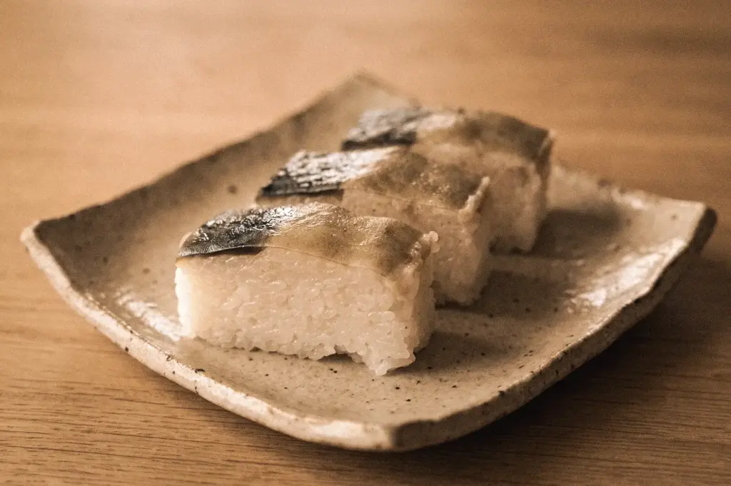 Close-up low-angle shot of Battera sushi, Osaka's traditional pressed mackerel sushi, featuring vinegar-cured shime saba layered over seasoned sushi rice on a ceramic plate.