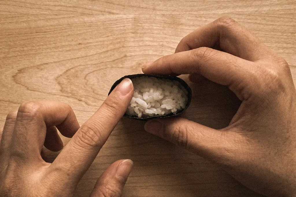 Hands shaping sushi rice inside a nori wrapper to form a gunkan sushi base, photographed from a top-down overhead angle to demonstrate the construction of traditional Japanese battleship sushi.