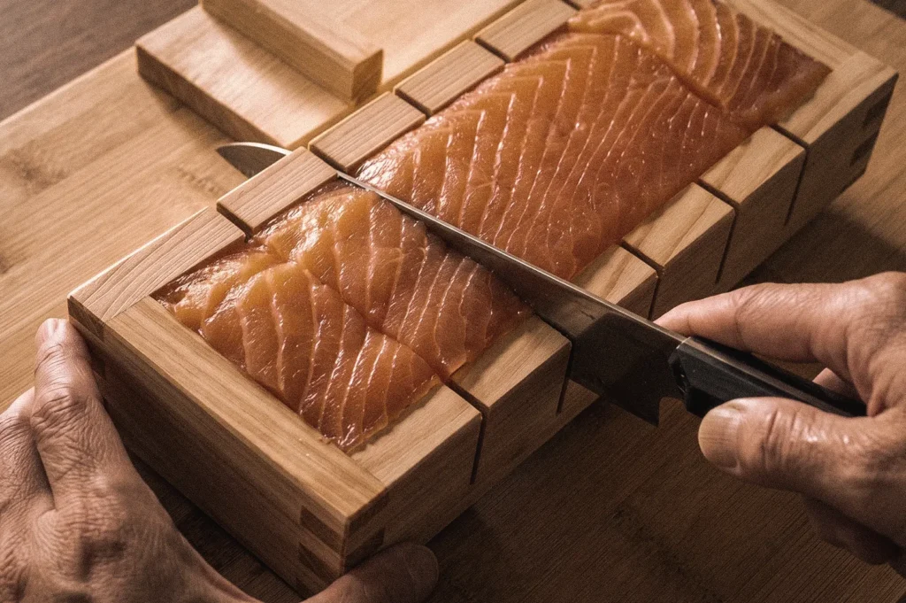 Overhead three-quarter view of a chef slicing cured salmon in a wooden oshibako mould while preparing authentic oshizushi, Japan's traditional pressed sushi from the Kansai region.