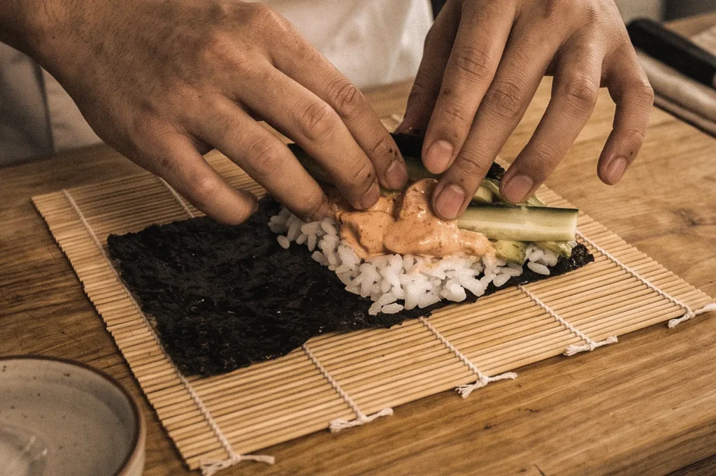 Hands assembling a temaki sushi hand roll on a bamboo mat with nori, sushi rice, cucumber, and seafood filling, photographed at eye level to demonstrate the traditional Japanese temaki preparation process.