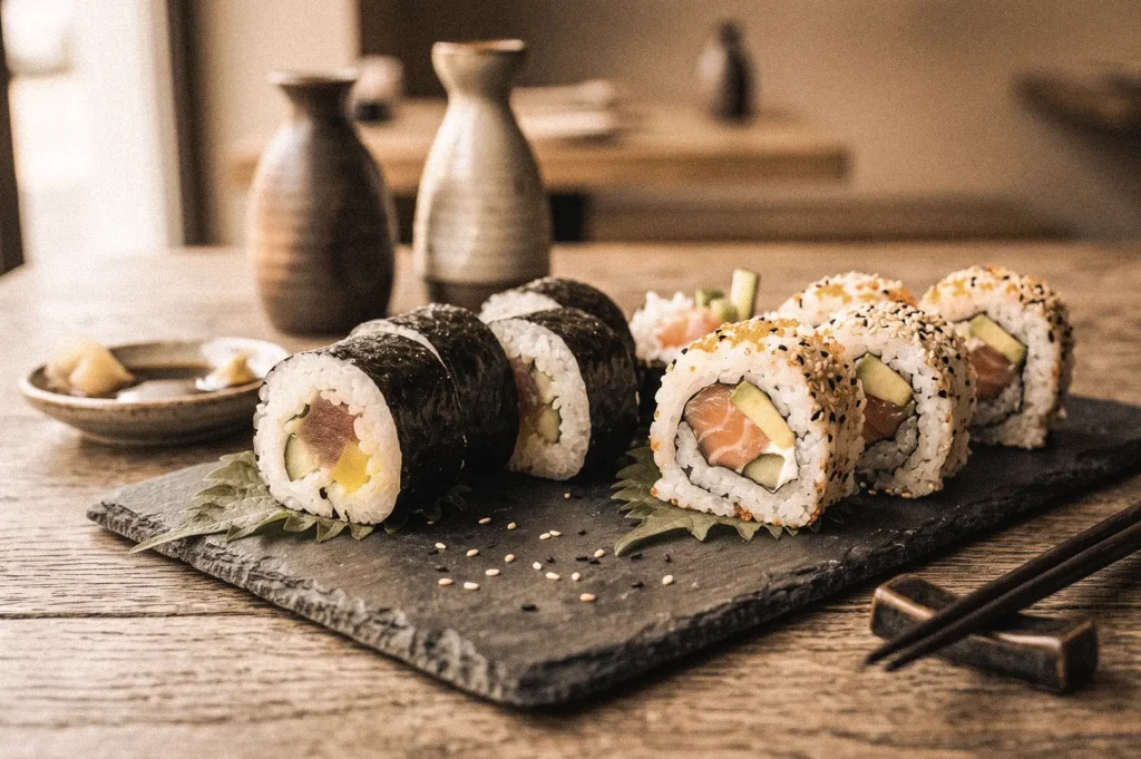 Traditional maki rolls and sesame-coated uramaki rolls displayed side by side on a stone serving platter, highlighting the difference between nori-outside and inside-out sushi rolls.