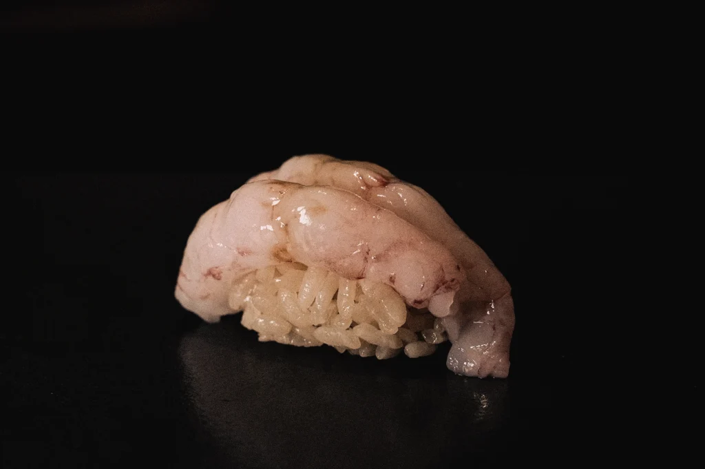 Eye-level close-up of traditional Edomae tako nigiri sushi, featuring tender prepared octopus over seasoned sushi rice, showcasing the craftsmanship and seafood preparation techniques central to Edo-style sushi.