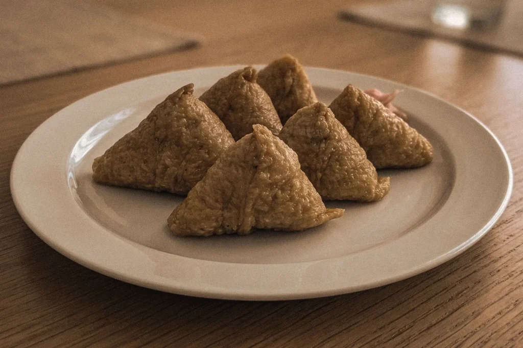 Three-quarter view of Kansai-style triangular inari sushi arranged on a white plate, featuring seasoned fried tofu pouches filled with vinegared sushi rice and shaped like fox ears.
