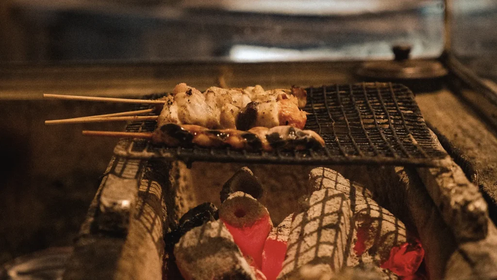 Skewers of meat cook on a wire grill above glowing charcoal embers in a traditional charcoal-fired cooking station. Warm firelight highlights the grill and the texture of the ash-covered coals beneath.