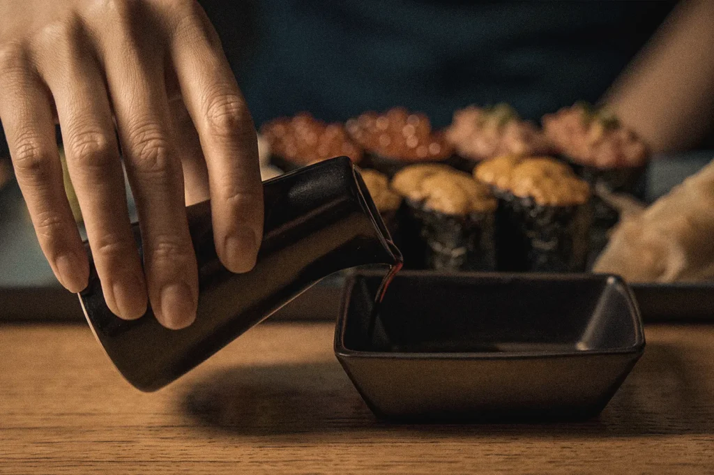 Pouring soy sauce into a dipping dish beside assorted gunkan sushi topped with ikura, negitoro, and uni, photographed from a low-angle close-up to illustrate proper soy sauce service for Japanese battleship sushi.