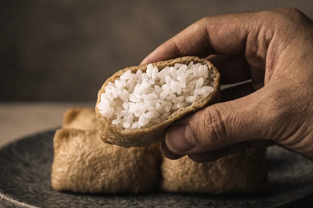 Close-up eye-level shot of Kanto-style oval inari sushi held by hand, showcasing vinegared sushi rice stuffed inside a seasoned aburaage tofu pouch.