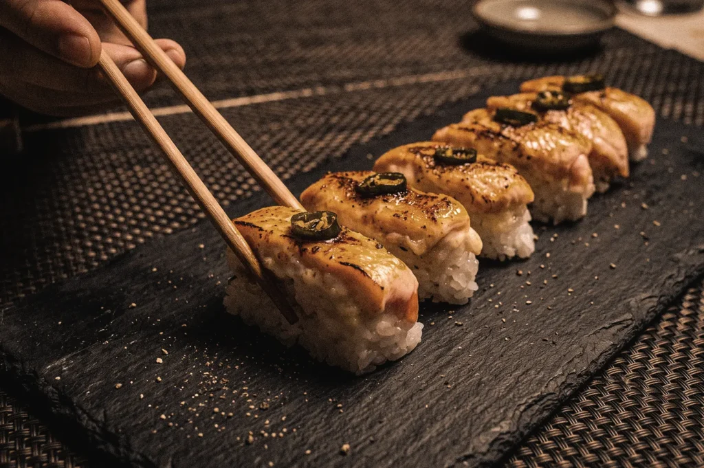 Side-angle close-up of aburi salmon oshizushi being picked up with chopsticks, featuring flame-seared salmon, vinegared rice, and jalapeño garnish on a black serving plate.
