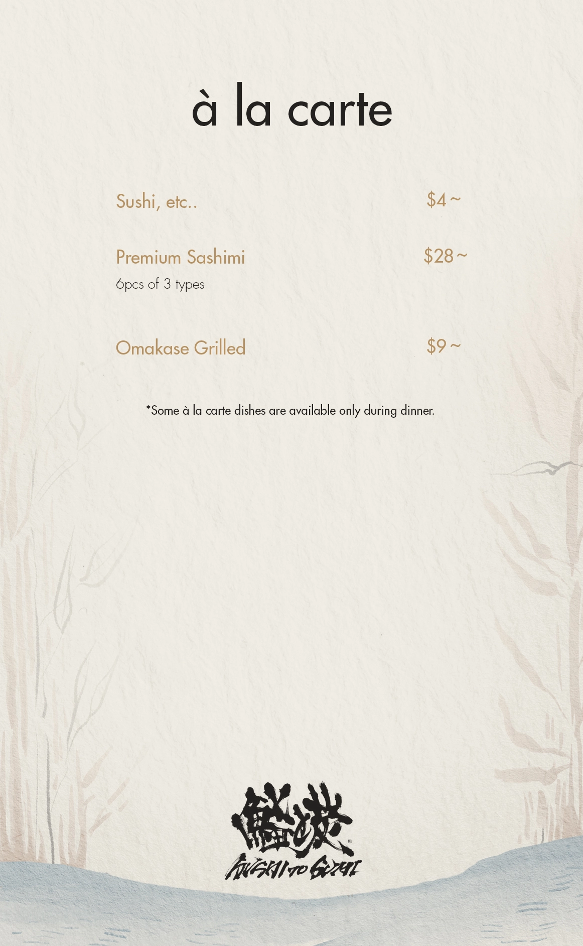 Front-facing à la carte menu for a Japanese sushi restaurant featuring sushi, premium sashimi, and chef-selected omakase grilled dishes, displayed on a textured Japanese-inspired background with minimalist design.